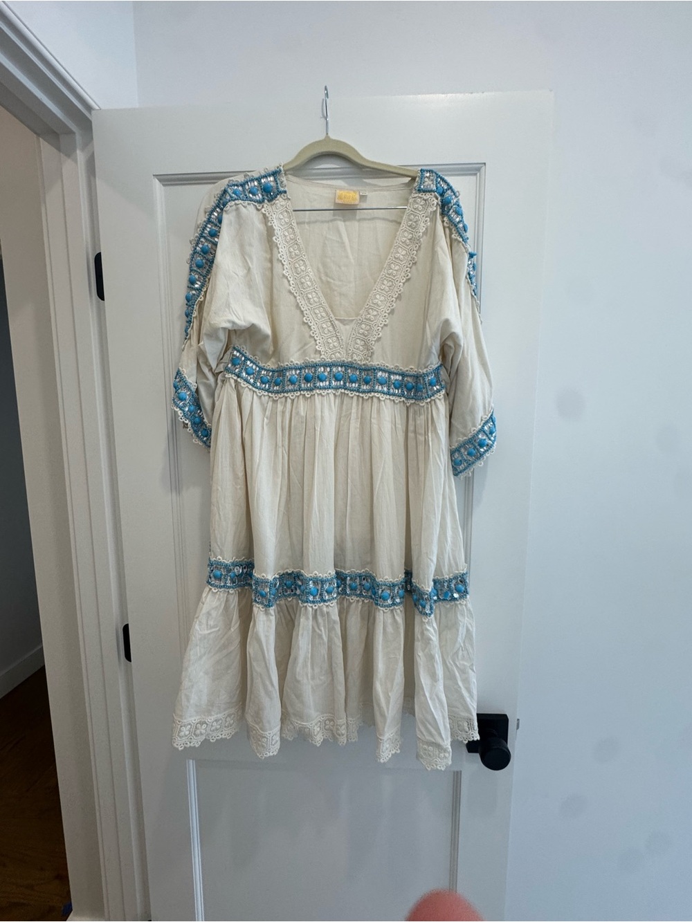 Cream V-Neck Casual Dress with Blue Embroidered Trim
